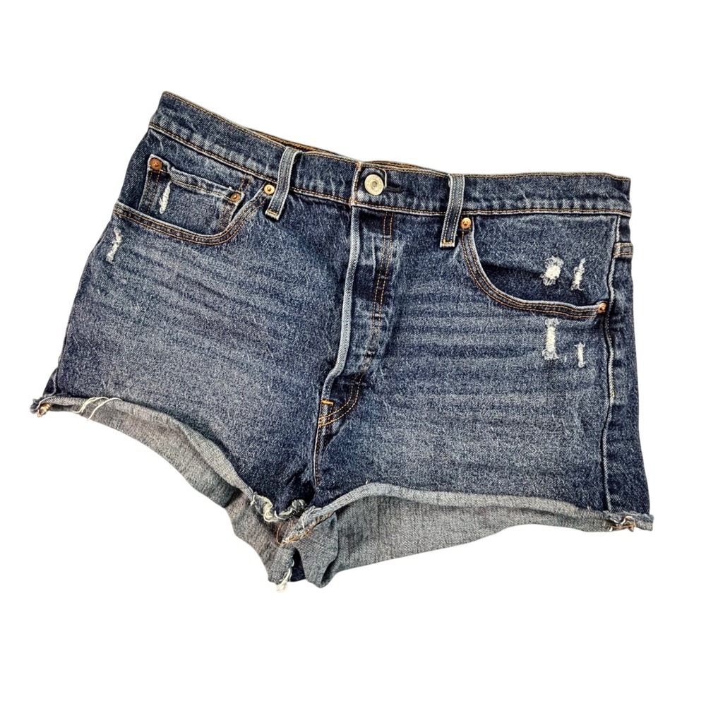 Levi's 501 Original Shorts Womens W34 Blue Denim Distressed Raw Hem Button Fly